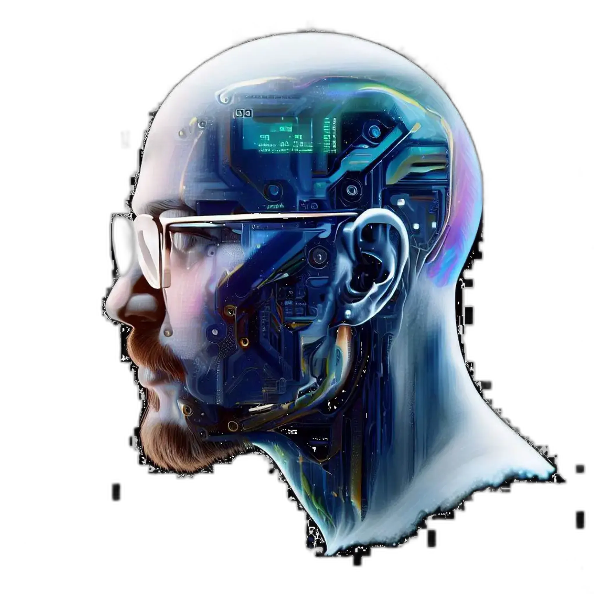 AI generated profile image of a smart bald product manager gazing intently.